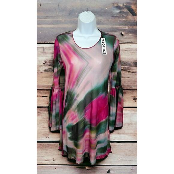 Esejota Azalea Mesh Sheer Short Dress Size Medium Long Bell Sleeves - Picture 3 of 9